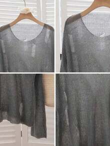 Suéter sexy de color albaricoque con diseño hueco y corte en el hombro, adecuado para salir, citas, estar en casa y para ir y venir, otoño/invierno primavera - Gris - Ver 9
