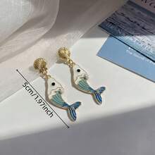 1 Pair Of Asymmetrical Fresh Ocean Themed Earrings, Shell Faux Pearl Koi Fish Tail Earrings, Fashionable Vacation Seaside Accessories Earrings - Gold - View 6