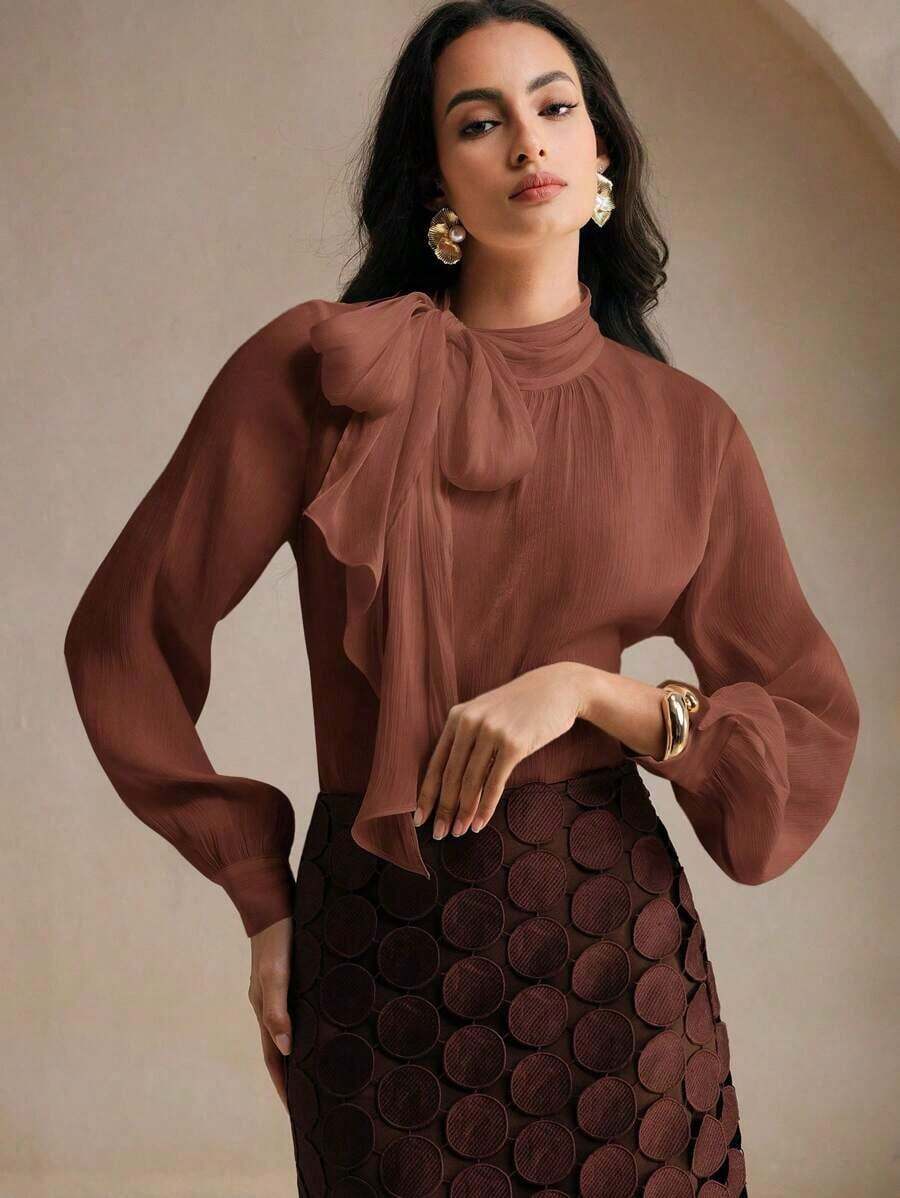 Blusa elegante y chic de cuello alto, manga larga y puños con lazo para uso diario - Café integral - Ver 1