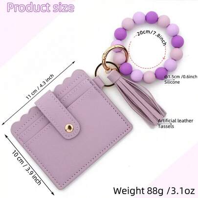 Women's Colorful Silicone Beaded PU Tassel Card Holder Coin Purse Bus Card Bank Card Holder Wristlet Keychain 2-In-1 Gift For Mom, Friends