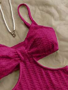Camiseta de tirantes casual y sexy con recortes en la cintura, de tela con textura para vacaciones - Rosa Fucsia - Ver 4