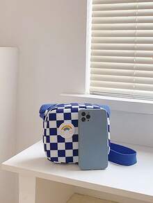 1pc Refreshing Checkerboard Pattern Crossbody Bag, Rainbow Decor Nylon Shoulder/Handbag, Suitable For Teenagers Outings, Fits Phone & Coins - A - View 4