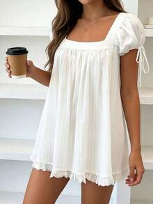 Womens Square Neck Blouse Short Sleeve Doll Ruffle Tops Dress Oversized Cute Peplum Casual Top Y2K Lace Trim Ruffle Flowy Dresses - 白色 - 查看 3