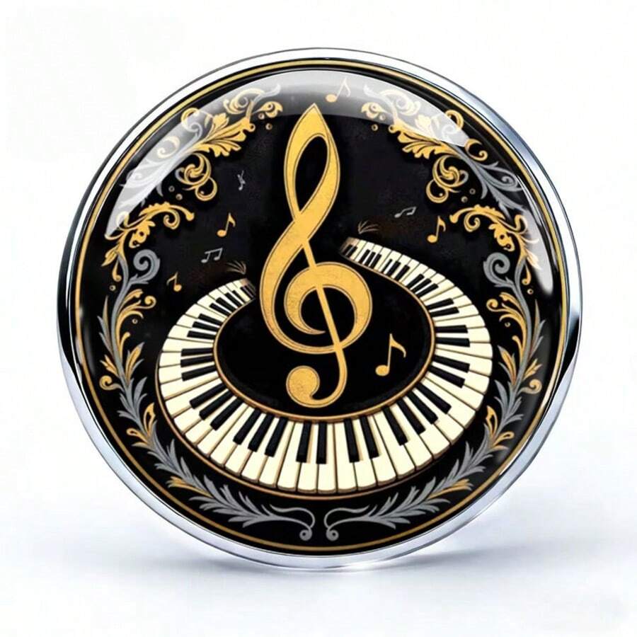 2D FLAT Classical Music Element Stainless Steel Brooch, Treble Clef & Piano Keyboard Pattern Pin, Retro Floral Decor Music Lover Accessory, Fashionable Clothing & Bag Decoration, Artistic Music Symbol Brooch, Popular Creative Accessory - A - View 1
