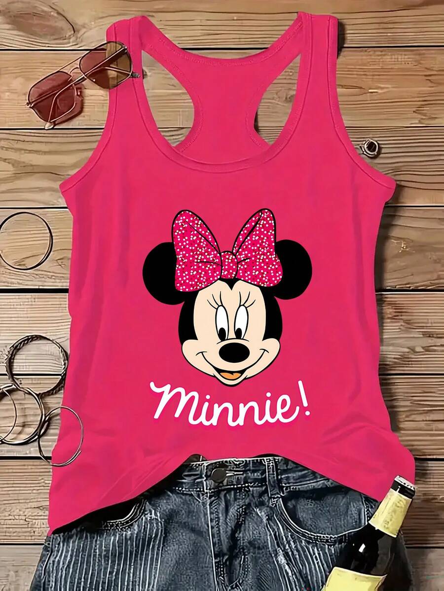 Disney Genuine License One Y2K Fashion Sleeveless Tank Vest T-Shirt With Minnie Mouse Print Cool Summer T-Shirt, Sleeveless Tank Vest T-Shirt Crew Neck Casual Top, Spring Summer, Women's, Multi-Size Multi-Color Options - Hồng nhạt - Xem 1
