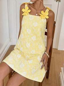 Vestido corto de verano de mujer con tirantes finos y unicolor - Amarillo - Ver 6