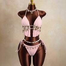 Conjunto de Bikini Sexy de Tres Piezas con Tirantes Delgados para Mujer, Ideal para Vacaciones - Blanco - Ver 4