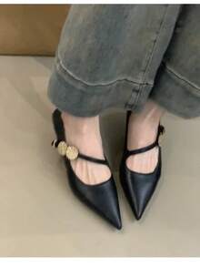 優雅基礎中性色 PU 皮革扣飾高跟鞋，適合戶外穿著 - 黑色 - 查看 3
