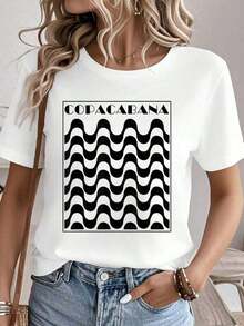Camiseta retro 100% algodón con diseño de la acera de la playa de Copacabana, Río de Janeiro, Brasil.Camisetas gráficas para mujer, tops de verano, camiseta de cuello redondo 100% algodón.Ropa de mujer, conjuntos para mujer, ropa de otoño para mujer, tops para mujer, camiseta blanca. - Blanco - Ver 6