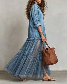 Women's Spring-Summer Short-Sleeve Non-Denim Fabric Shirt-Style Tiered Dress |   Casual Fashion Design Showcasing Relaxed Temperament, Ideal For Comfortable Outfits In Daily Outings & Light Vacation Occasions - OMFFGNZCQ-TL - Xem 2