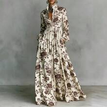 Women Plus Size Floral Print Long Sleeve Dress Elegant Vintage Waist Cinching Slim Fit Maxi Dress Casual Holiday Vacation Outfit Fashionable Retro Lounge Dress - Marrón - Ver 4