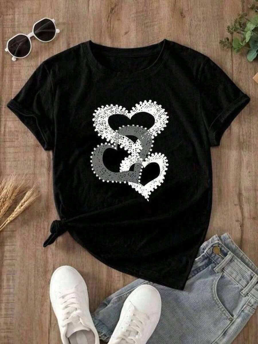 Special Offer On Plus Sizes: 1pc Women's Short-Sleeved, Crew-Neck Athletic T-Shirt, 100% Cotton, 180g. Designed By A Y2K Artist In The Bababask Style, Ideal For Everyday Wear, Parties, And All Kinds Of Celebrations. Featuring A Stylish And Modern Letter Print, It's Perfect As A Gift Or For Couples To Coordinate, And Can Be Worn Any Time Of Year. - 黑色 - 查看 1