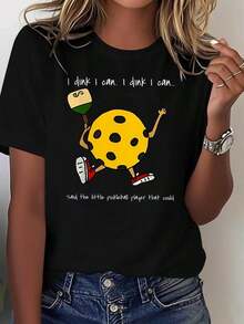 1 pieza clásica y versátil, camiseta de manga corta de algodón puro con estampado animado de caricatura Pickleball, yo juego, ideal para usar en cualquier estación. Estilo moderno. - Negro - Ver 1