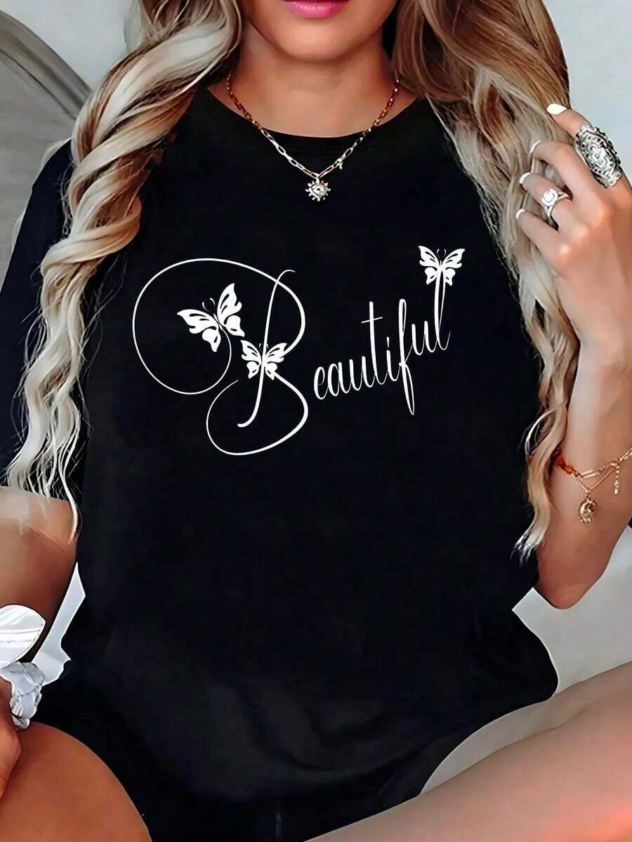 Camiseta de manga corta para mujer, primavera y verano 2026 - Diseño de cuello redondo, corte holgado con estampado. La tela es suave y ligera con un excelente caída, perfecta como regalo para el Día de la Madre. - Negro - Ver 1