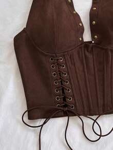 WYWH Top sin mangas con cuello en V, decorada con lazo y terciopelo, adecuada para otoño/invierno, vacaciones, citas, té de la tarde, vacaciones, festivales de música, estilo bohemio, playa - Marrón 2 - Ver 4