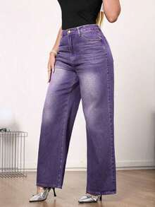 Jeans de pierna ancha de talle medio vintage para mujer - Uso casual elegante sin estiramiento - Morado - Ver 3