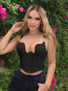 Camiseta sin mangas de seda veraniega elegante, y de alta gama con cuello asimétrico profundo en forma de S, anillo de acero, Body elástico y tirantes ajustables para el Día de San Valentín - Negro - Ver 5