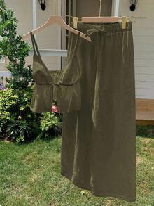 Set de 2 piezas de top de tirantes y pantalones de algodón y lino marrón de verano para mujer - Verde militar - Ver 8