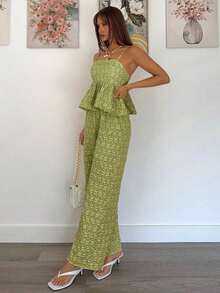 Conjunto de 2 piezas de top de tirantes y pantalones de estilo jacquard elegante para mujer, para verano - Verde lima - Ver 4