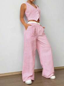 Conjunto de dos piezas con blusa sin mangas con rayas, cuello en V y botones frontales y pantalones con bolsillo de parche - Multicolor 3 - Ver 5