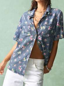 Camisa de verano de mujer ajustada, tipo bohemia, de jean impreso, de manga corta con cuello, informal para festival de música, Pascua - Azul - Ver 4