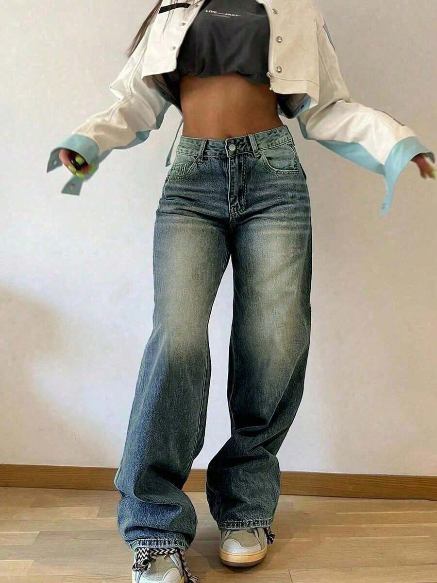 Jeans rectos holgados y apilados de estilo vintage para mujer, casuales para primavera - Azul marino 2 - Ver 1