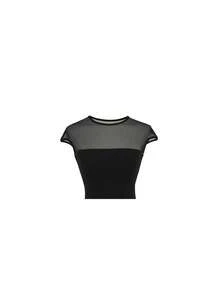 Spring-Summer Dress With A Tulle Combination, Round Neck And Short Sleeves, Fitted Cut That Stylizes And Flatters The Figure - Black - View 2