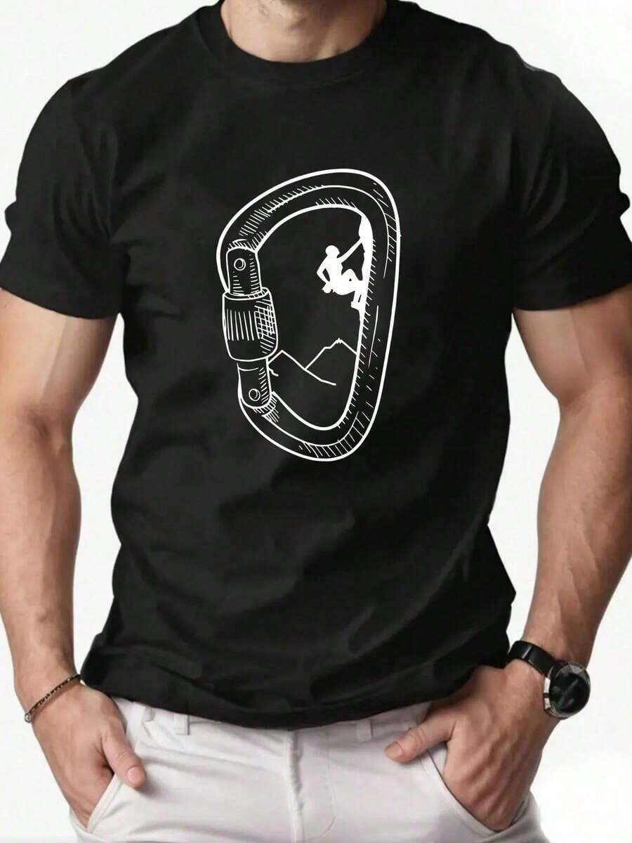 Camiseta Deportiva de Ocio y Moda para Hombre, Holgada y Sencilla, de Manga Corta, Transpirable para Verano, con Estampado de Escalador, Top Casual para Hombre, Cómoda y Holgada S0SO - Negro - Ver 1