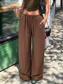 Pantalones anchos con cintura con cordón para mujer, pantalones casuales ligeros y transpirables, verde militar, verano - Cafetería - Ver 2