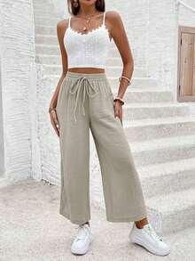 Frenchy Pantalones anchos de unicolor casuales para vacaciones de mujer - Caqui - Ver 5