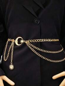 1PC Women's Metal Waist Chain Versatile Moon Decor Belt Multi-Layer Metal Cinch Belt Dress Decorative Belt2000s Style - Gold - View 2