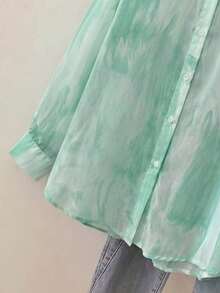 Camisa de protección solar con efecto tie-dye dulce para mujer, de cuello de solapa y manga larga, informal para exteriores/vacaciones, holgada, transpirable y ligera, estilo camisa, color rosa, para primavera/verano - verde menta - Ver 8