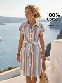 Vestido midi casual de mujer con botones frontales a rayas, vestido de verano con cintura anudada, vestido de trabajo de verano, vestido preppy, vestido con botones para mujer, vestido a rayas azul, vestidos de verano para mujer, conjuntos de v - Multicolor 2 - Ver 7