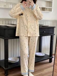 2 piezas Conjunto de pijama para mujer, parte superior con estampado de lunares de colores con bolsillo, estampado de perro de dibujos animados, pantalones cómodos, adecuado para primavera, otoño e invierno - Multicolor - Ver 8