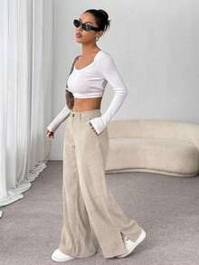 Unity Pantalones largos rectos y sueltos con abertura lateral de pana de moda casual para otoño/invierno para mujeres - Albaricoque 2 - Ver 2