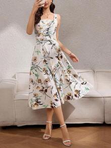 1 pieza Vestido Elegante Estampado con Cintura Ajustada para Mujer - Amarillo - Ver 6