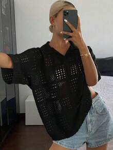 Women's Short-Sleeved Polo Shirt, Loose Fit, Textured And Openwork Fabric, For Summer - Hitam - View 4
