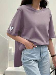 -Less Camiseta de manga corta holgada con parche de letras y bajo con abertura, camiseta de verano oversize, ropa casual de negocios para mujer - Azul - Ver 9