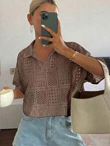 Women's Short-Sleeved Polo Shirt, Loose Fit, Textured And Openwork Fabric, For Summer - Khaki - View 1
