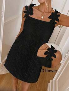 Vestido corto de verano de mujer con tirantes finos y unicolor - Negro - Ver 12