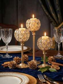 Juego de 3 candelabros de metal con cristales dorados, portavelas de cristal alto elegante para centro de mesa, decoración de velas para bodas, cumpleaños, graduación y decoración del hogar - Oro - Ver 3