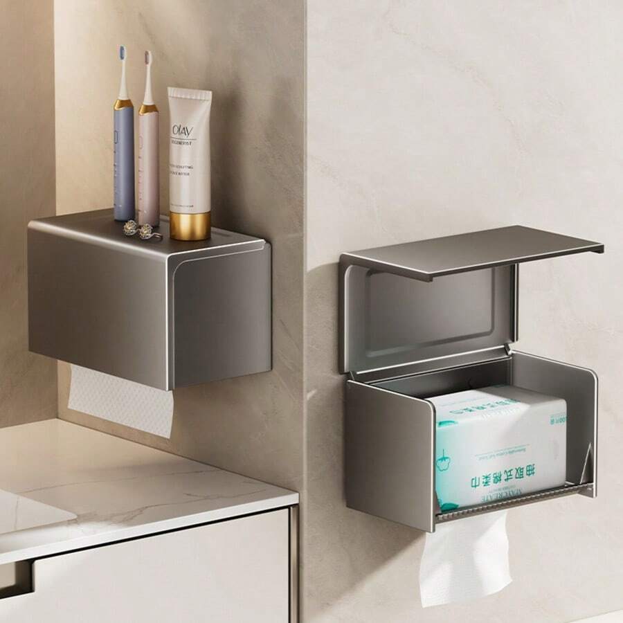 Giá đựng giấy vệ sinh hình chữ nhật gắn tường, làm bằng hợp kim nhôm, thích hợp sử dụng trong khách sạn và có khả năng chống nước. - Màu xám đen - Xem 1