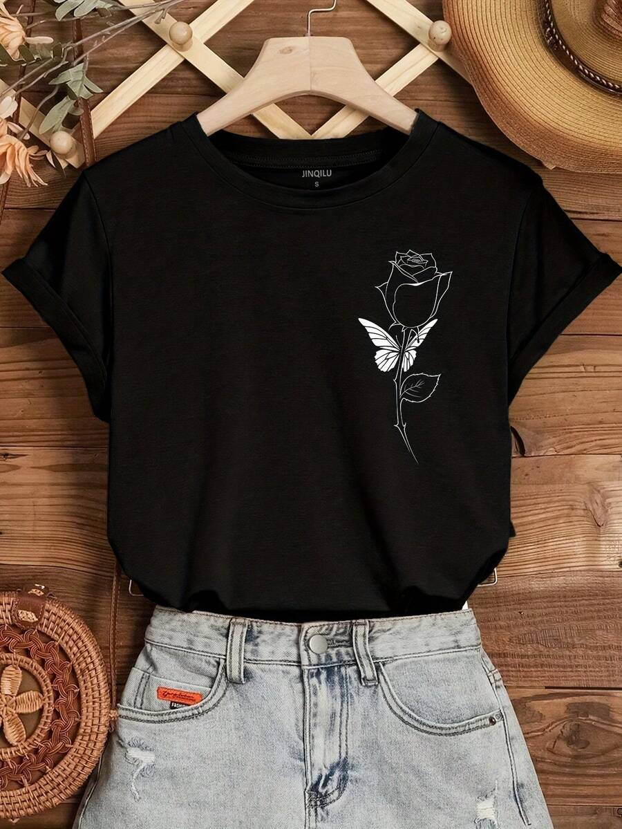 Playera de Mujer con Estampado de Rosa y Mariposa Estilo Lineal Minimalista Manga Corta Cuello Redondo Casual Suave Moda - Negro - Ver 1