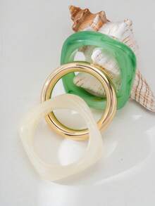 3pcs Faux Jade & Gold Plated Bangle Bracelet Set, Boho Style Stacking Bracelets - Multicolor - View 4