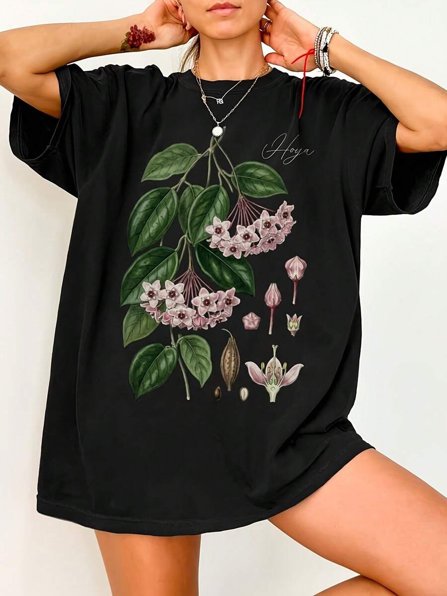 Hoya T-Shirt - Cottagecore Style Plant Anatomy Design With Hoya, Suitable For Indoor Plant Enthusiasts, Gift For Plant Lovers, Casual Botanical Clothing, Machine Washable, For Everyday Wear And Casual Style All Year Round. - 黑色 - 查看 1