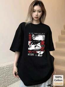 Playera larga negra para mujer manga corta con estampado de caricatura, corte cómodo y estilo trendy ideal para verano, prenda casual muy versátil para uso diario, paseos y salidas informales. X4H2 - Negro - Ver 1