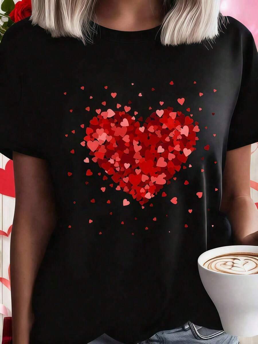 1 pieza de ropa de mujer para el Día de San Valentín, camiseta negra con estampado de corazones, camiseta unisex de cuello redondo, lavable a máquina, para primavera/verano/otoño, Día de San Valentín, Día de la Madre, aniversario. - Negro - Ver 1