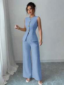 Conjunto elegante de estilo francés con botón de flor dorado para vacaciones y trabajo para mujer - Azul - Ver 5