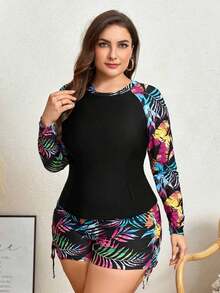 Swim Lushoire Traje de baño tankini de talla grande con estampado de plantas tropicales, elegante y deportivo, de corte holgado, para vacaciones de verano y playa - Multicolor - Ver 4