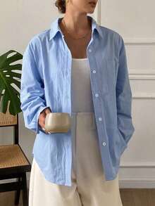 Camisa de manga larga con bolsillo y hombros caídos a rayas verticales, ropa de otoño - Azul - Ver 9